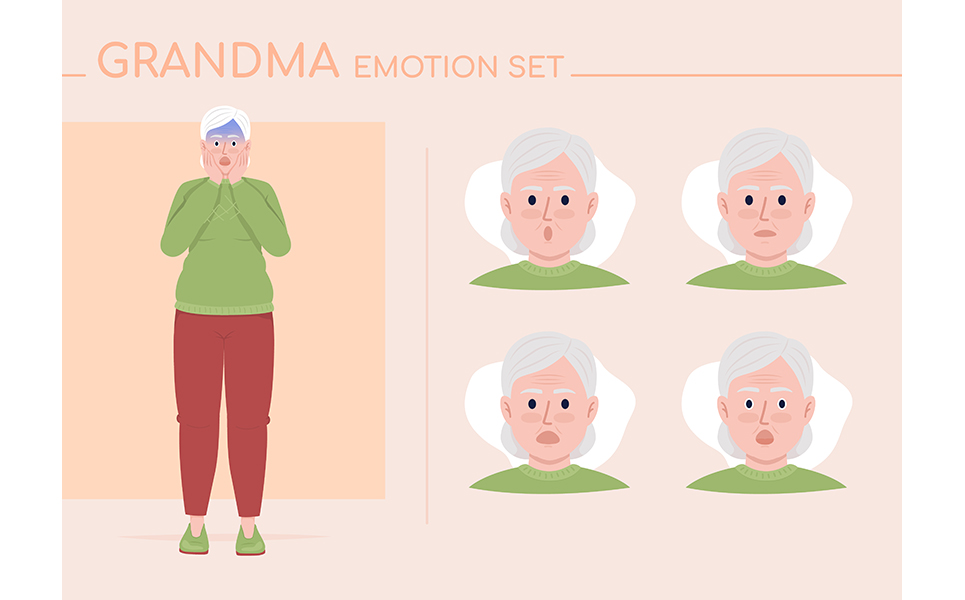 Scared senior woman semi flat color character emotions set