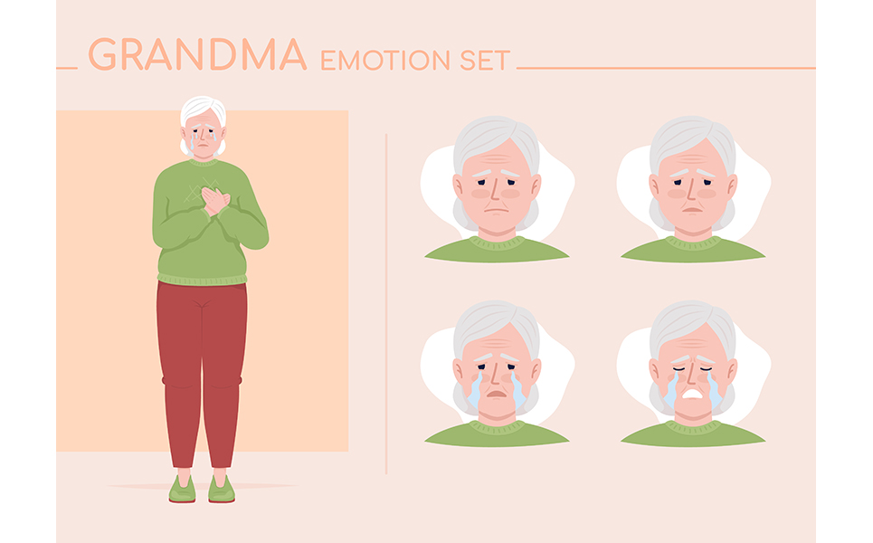 Crying senior woman semi flat color character emotions set