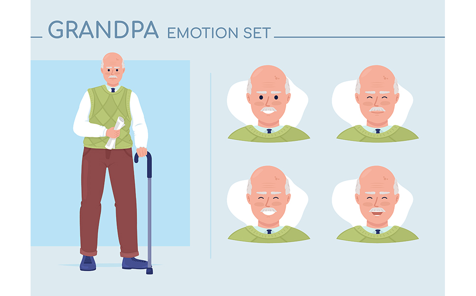 Cheerful grandpa semi flat color character emotions set