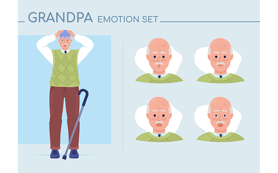 Stunned grandpa semi flat color character emotions set