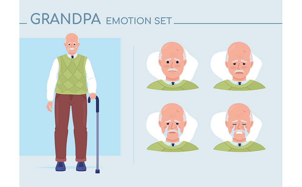 Sad senior man semi flat color character emotions set