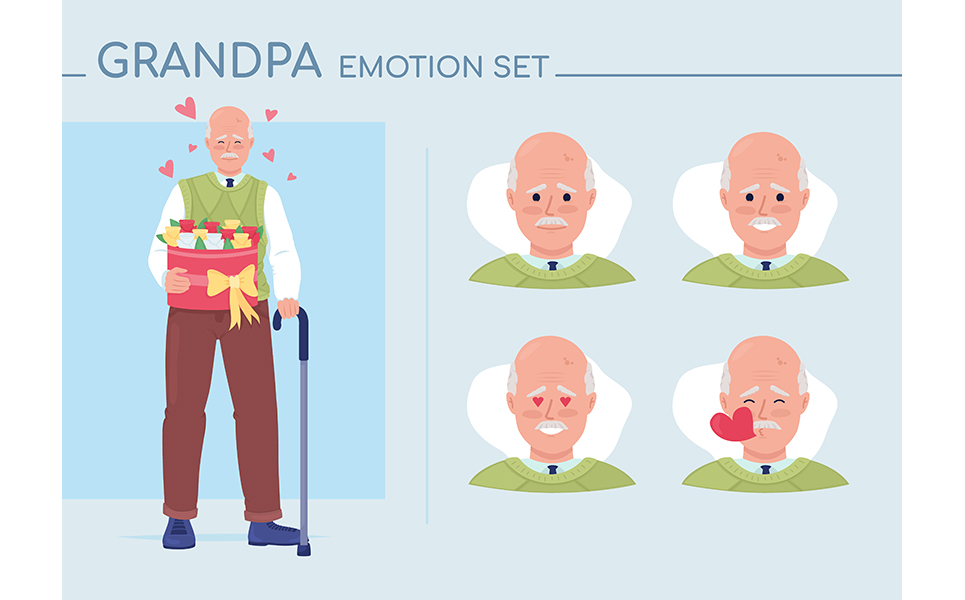 Old man falling in love semi flat color character emotions set