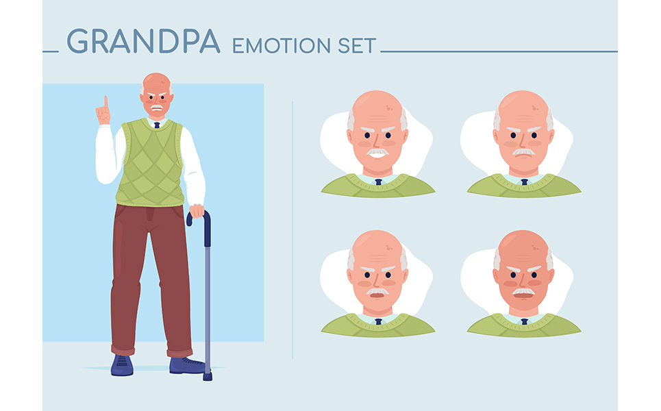 Furious old man semi flat color character emotions set