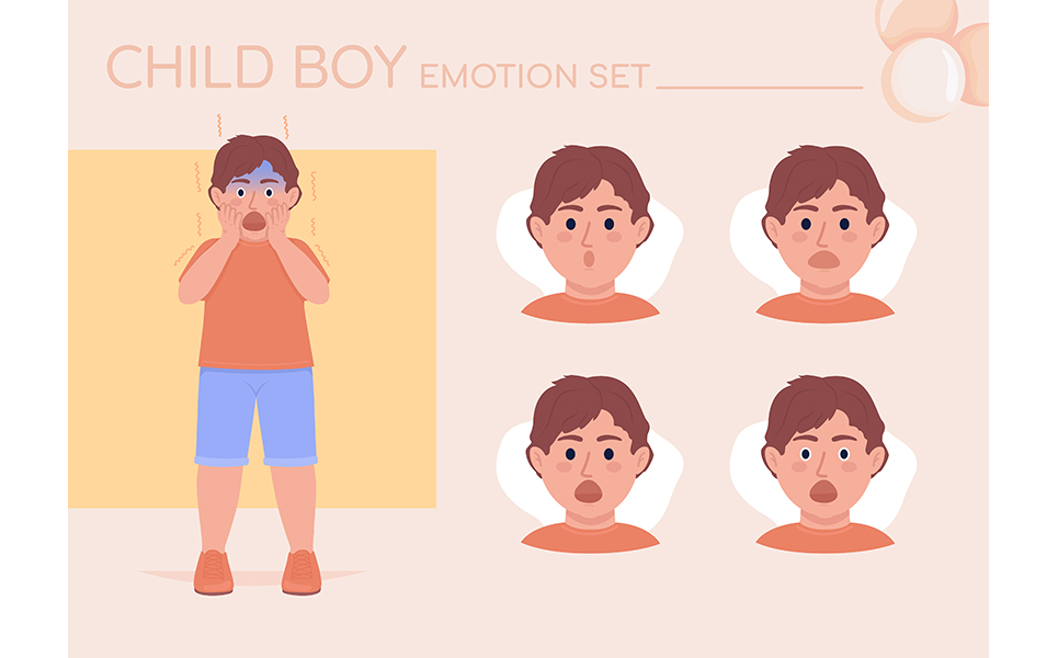 Scared little child semi flat color character emotions set