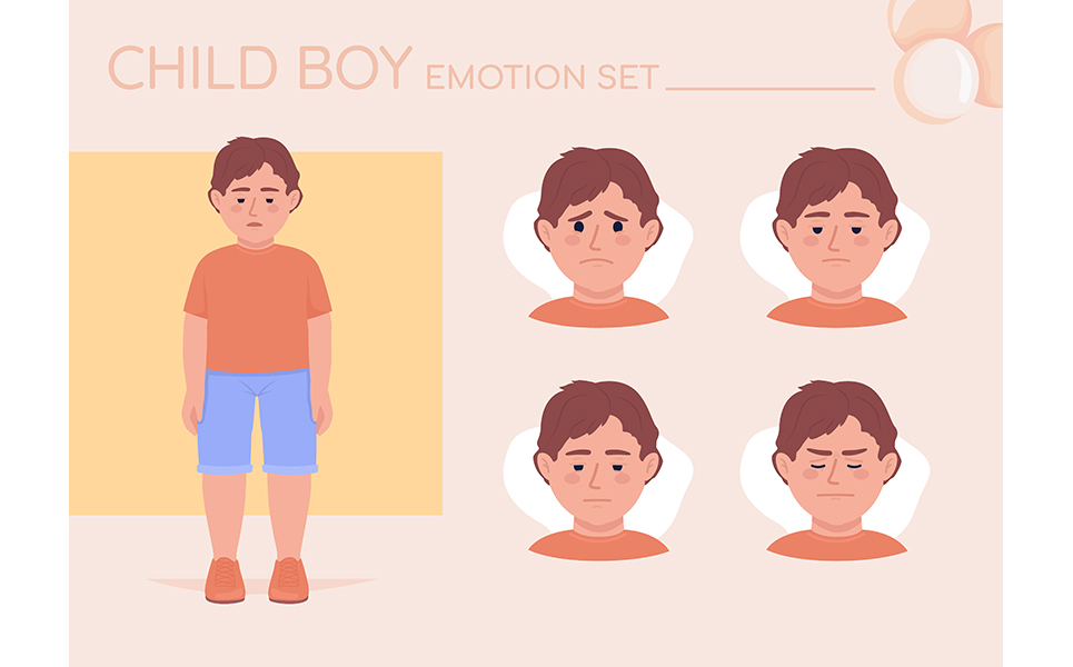 Ashamed little boy semi flat color character emotions set