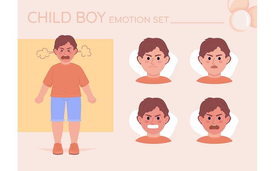 Angry excited little boy semi flat color character emotions set