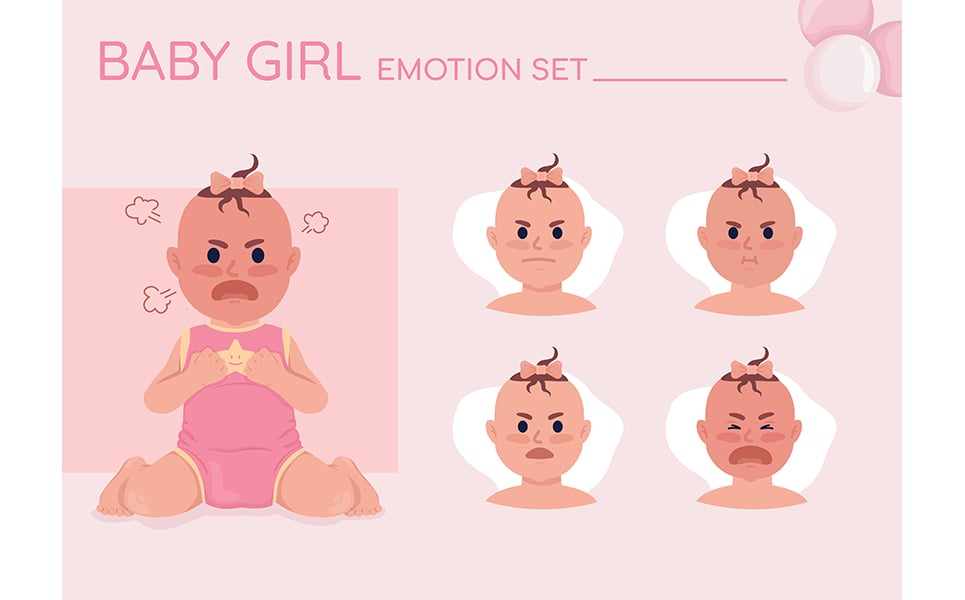 Angry baby girl semi flat color character emotions set