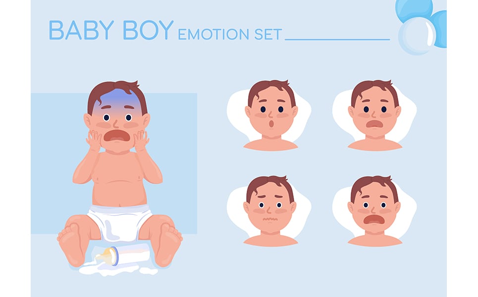 Confused baby boy semi flat color character emotions set