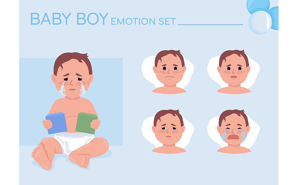 Crying baby boy semi flat color character emotions set