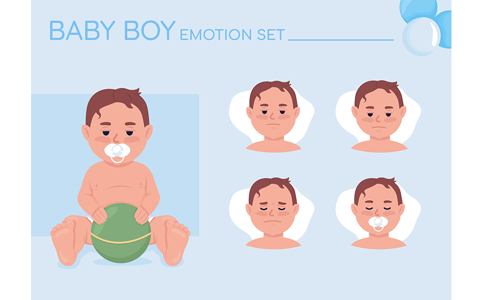 Sleepy baby boy semi flat color character emotions set