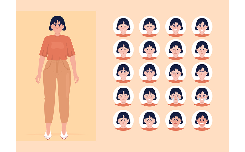 Young woman mental conditions semi flat color character emotions set