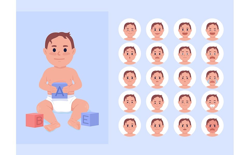 Baby boy changing moods semi flat color character emotions set