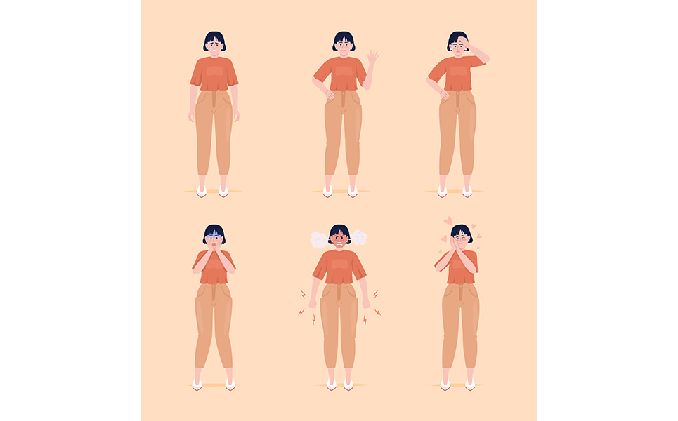 Women with different emotions semi flat color vector characters set