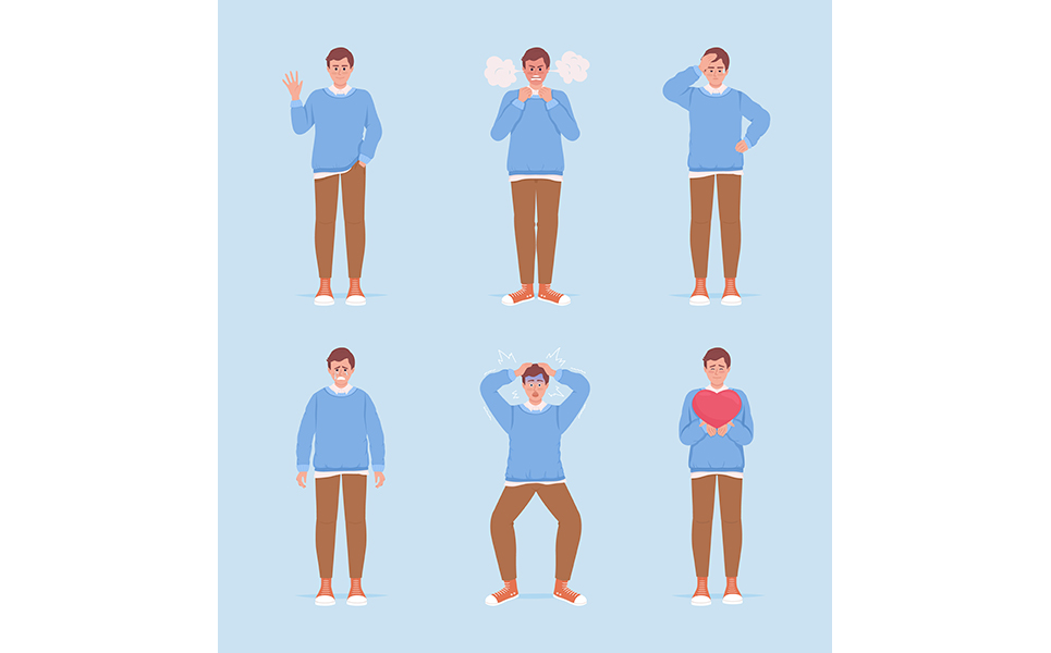 Men demonstrating different emotions semi flat color vector characters set