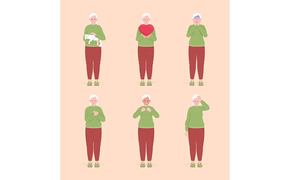 Senior women with different moods semi flat color vector characters set