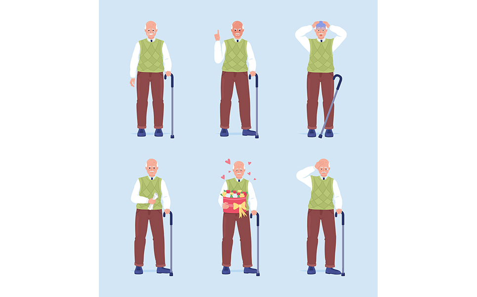 Senior men feelings expression semi flat color vector characters set