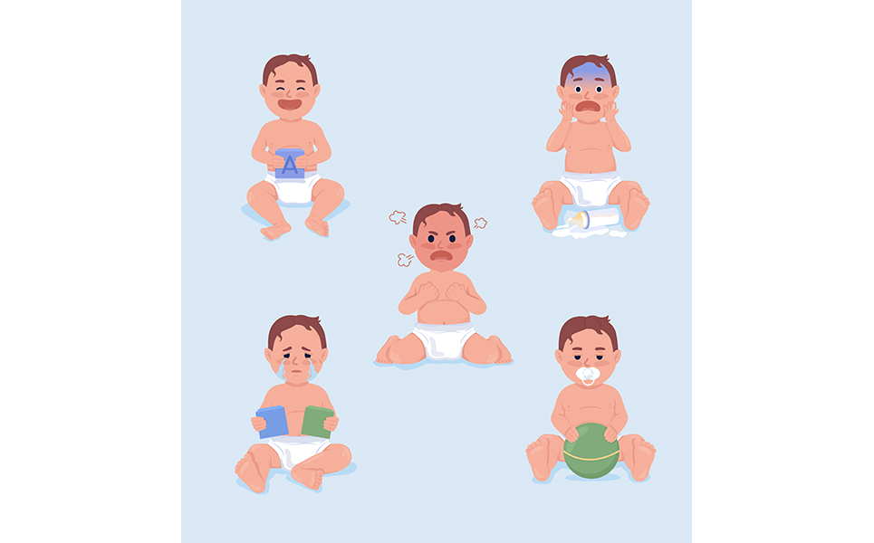 Moods of baby boy semi flat color vector characters set