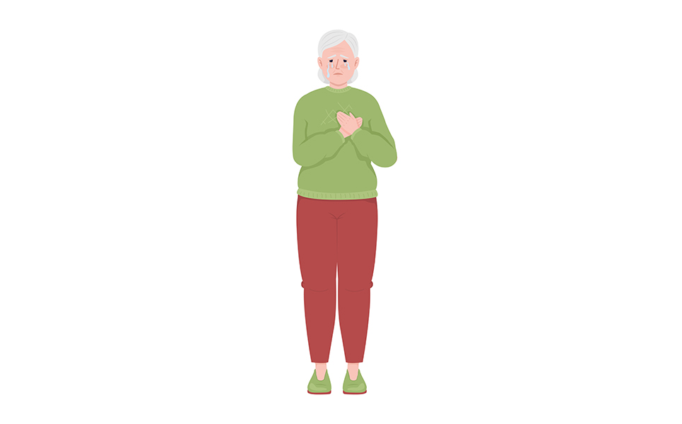 Crying old woman holding hand on heart semi flat color vector character