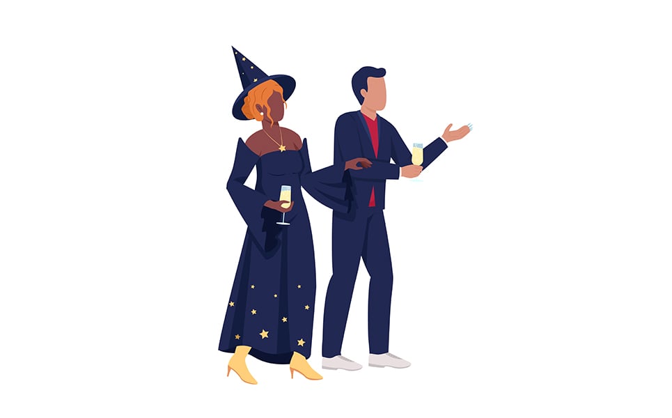 Couple wearing Halloween costumes semi flat color vector characters