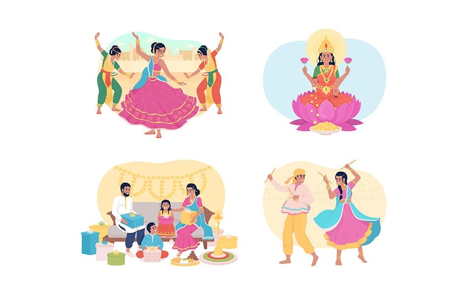 Traditions during Diwali 2D vector isolated illustrations set