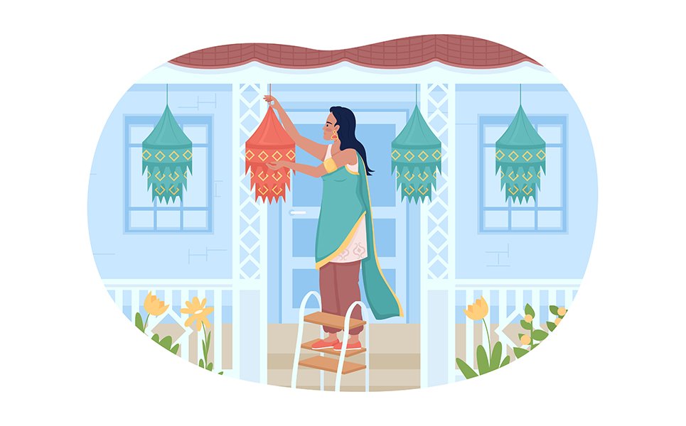 Decorating front porch for Diwali festival 2D vector isolated illustration