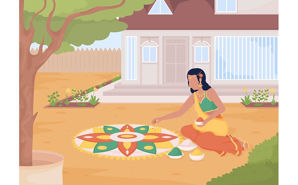 Making rangoli pattern before front door flat color vector illustration