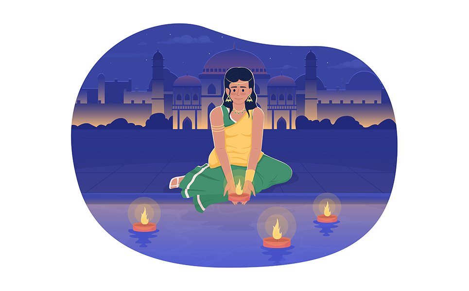 Diwali girl setting adrift diya on river 2D vector isolated illustration