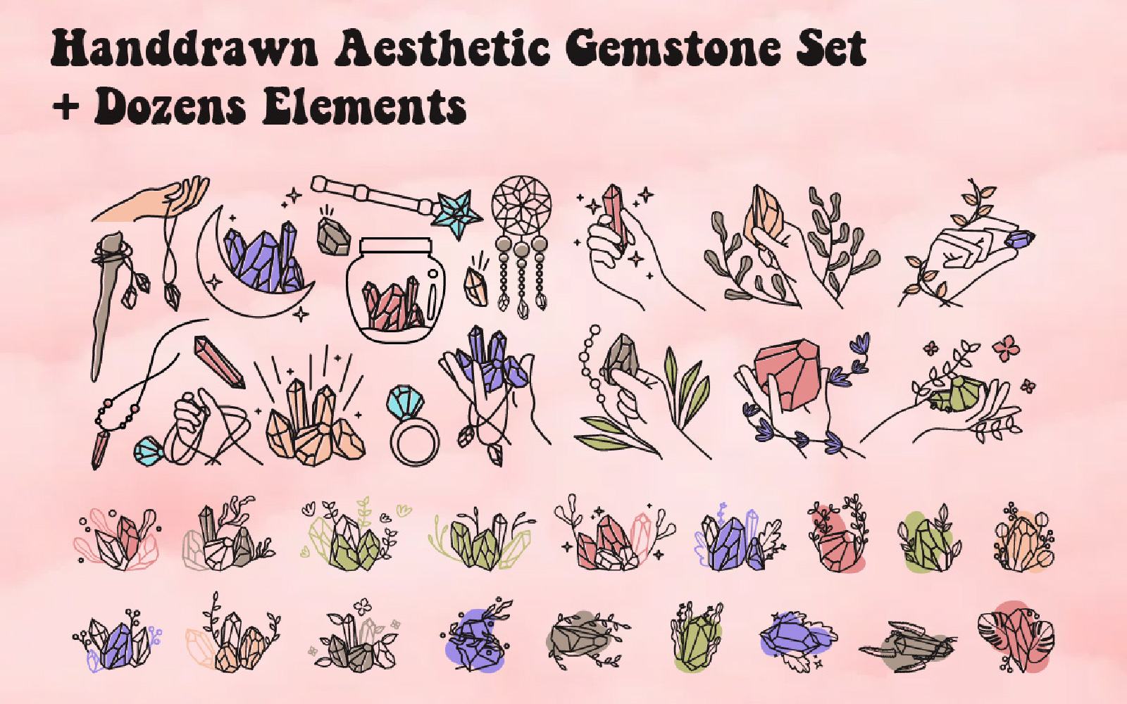 Handdrawn Aesthetic Gemstone  Set + Dozens Elements