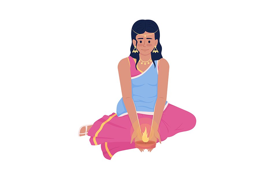 Young girl holding diwali candle semi flat color vector character