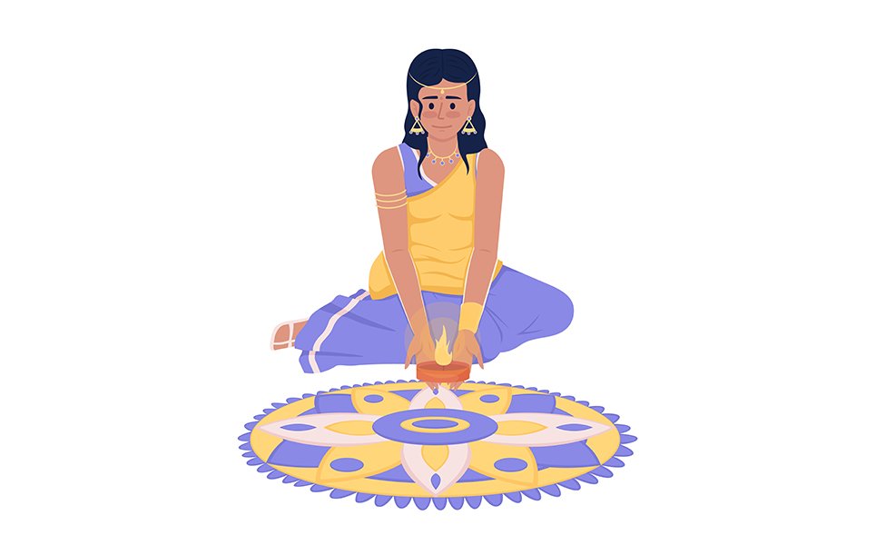 Pretty girl in sari putting candle on rangoli semi flat color vector character