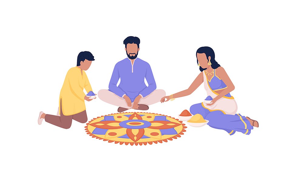 Indian family making rangoli design semi flat color vector characters