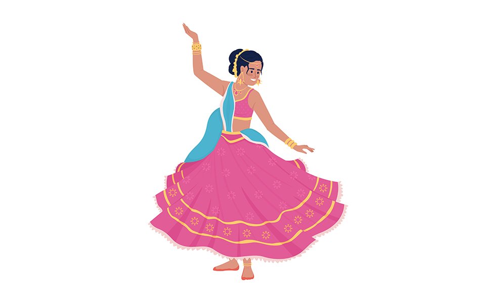 Dancing woman in folk pink dress semi flat color vector character
