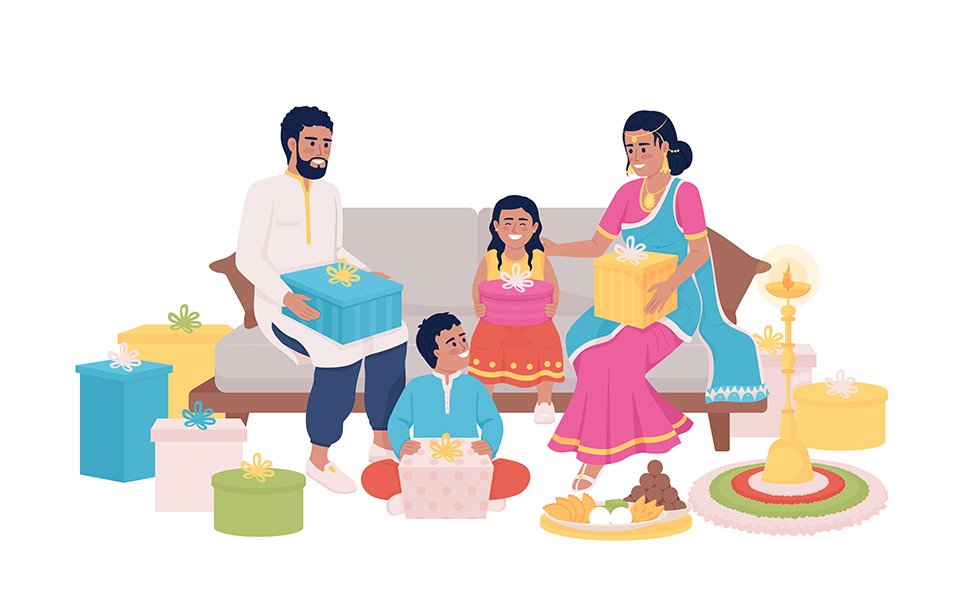 Family exchanging gifts on Diwali semi flat color vector characters