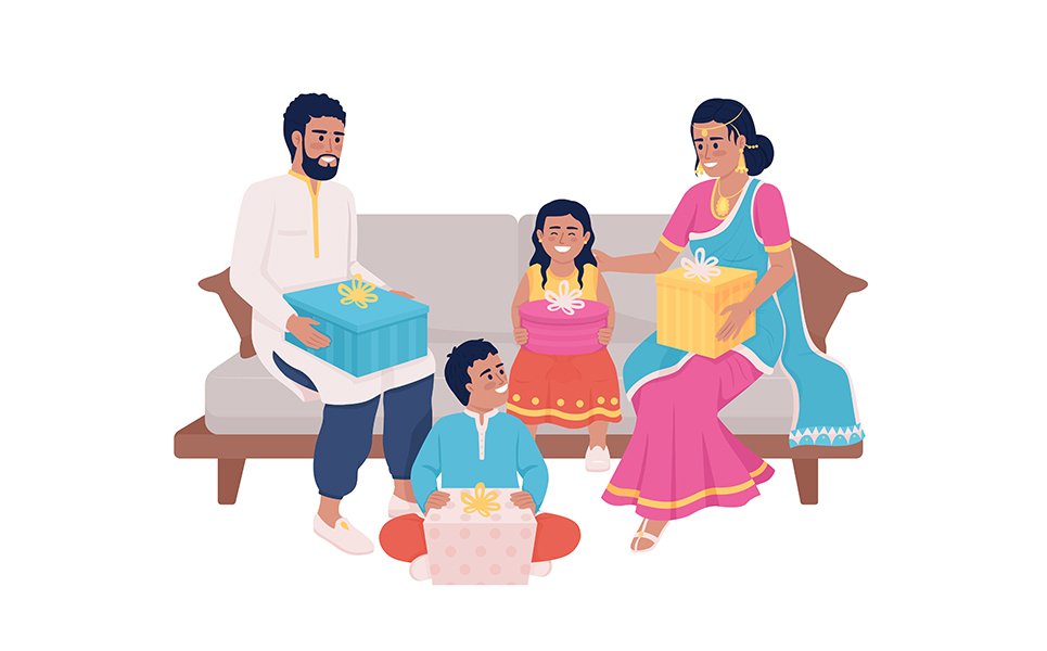 Family members exchanging gifts during festival semi flat color vector characters