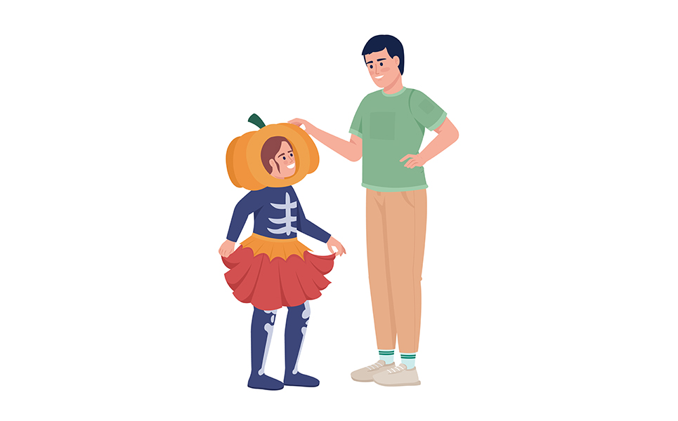 Girl with dad choosing costume for Halloween flat color vector characters