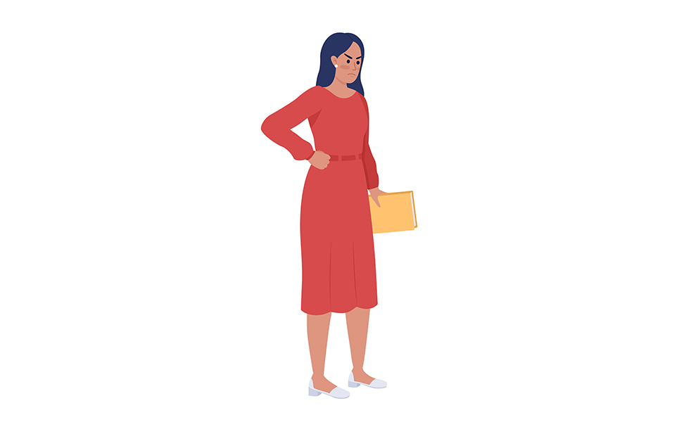 Unsatisfied woman holding book semi flat color vector character