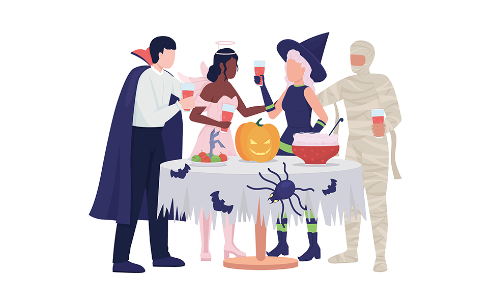 Halloween party guests semi flat color vector characters
