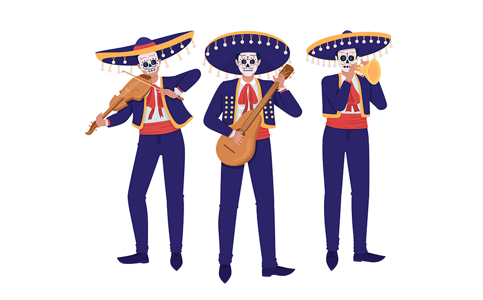 Musicians in mexican costumes semi flat color vector characters