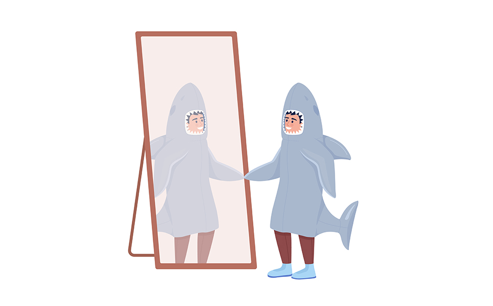 Boy looking at his reflection semi flat color vector character