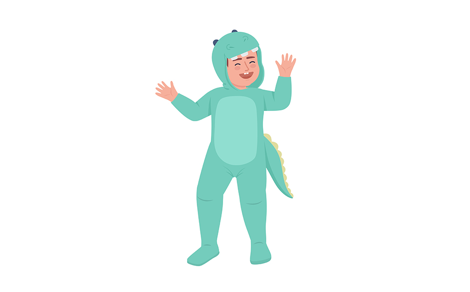 Cute boy in dinosaur costume semi flat color vector character