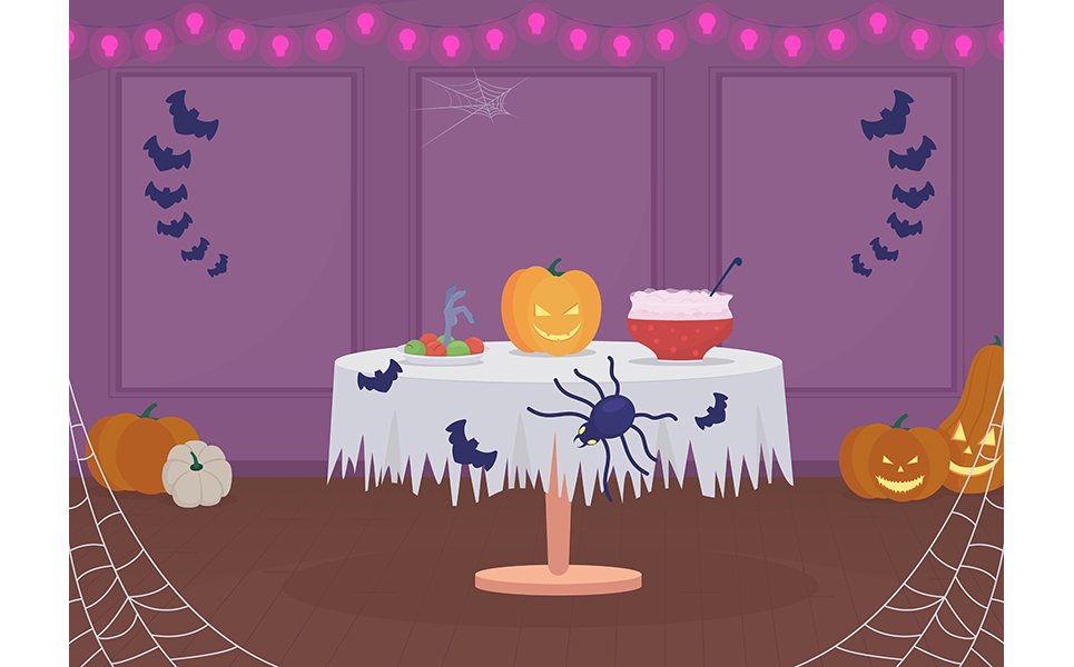 Halloween home party arrangement flat color vector illustration