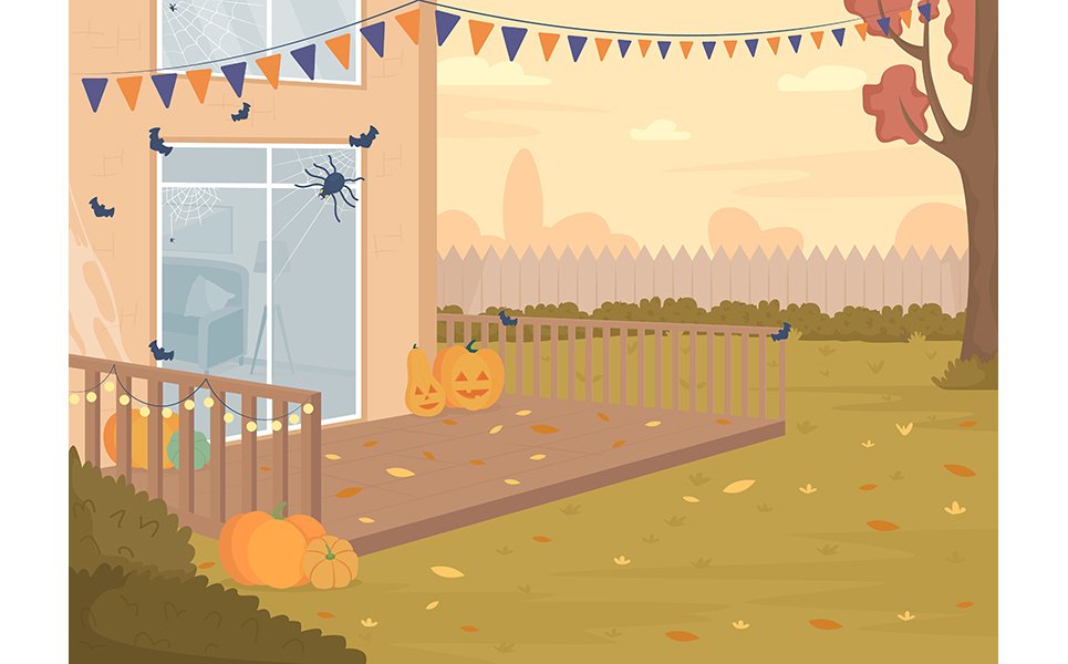 Halloween backyard party flat color vector illustration