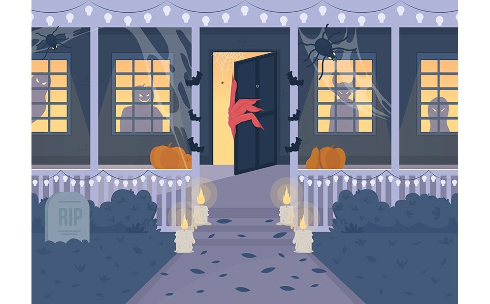 House with wicked monsters flat color vector illustration