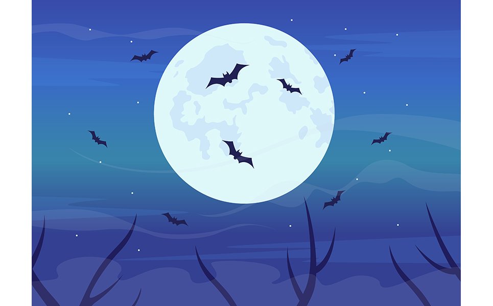 Bats flying in full moon flat color vector illustration