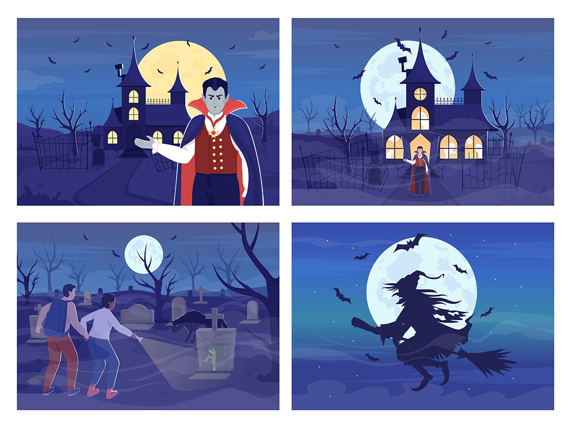 Wicked nighttime flat color vector illustration set