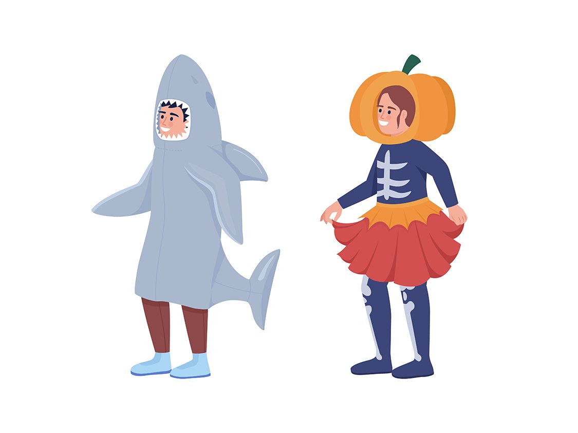 Kids costumes semi flat color vector character set