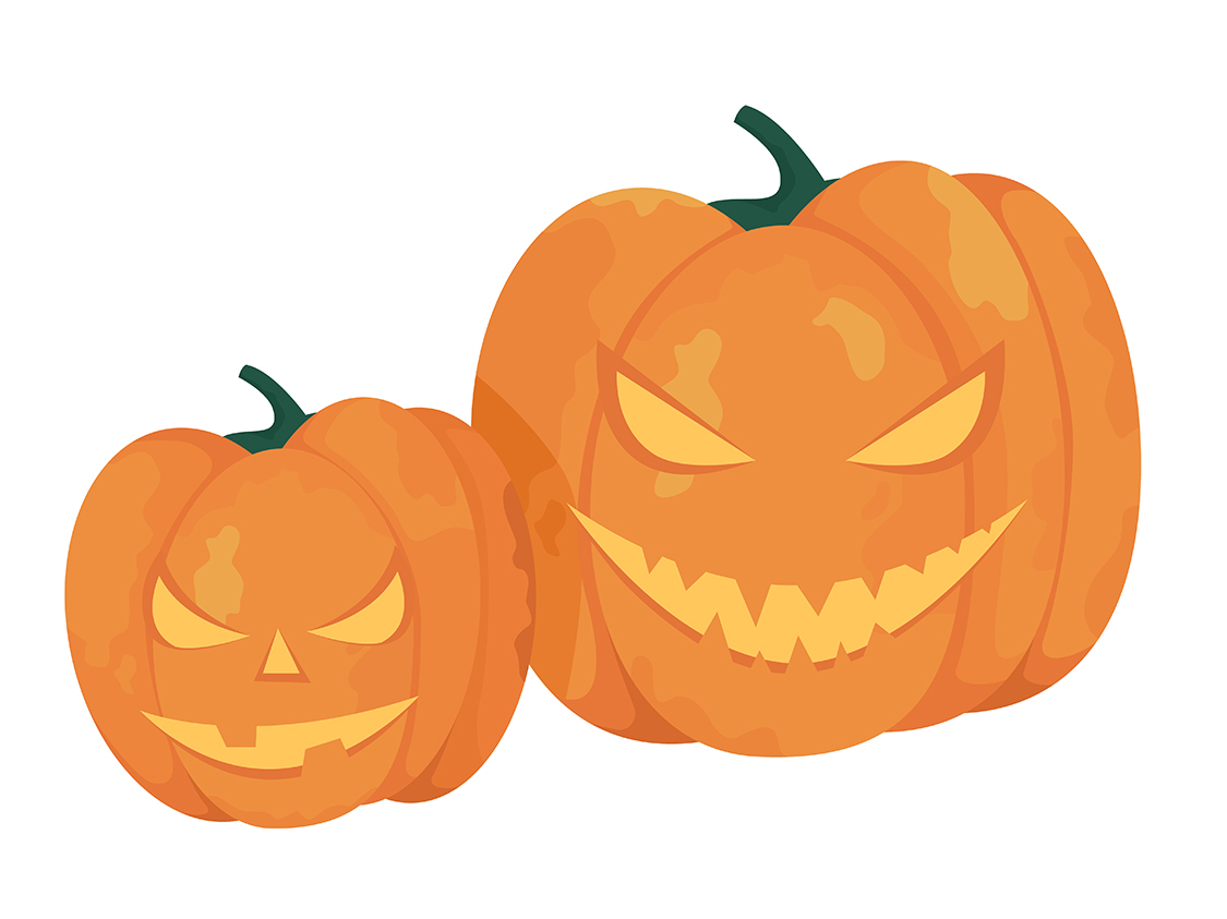 Pumpkins with evil faces semi flat color vector objects