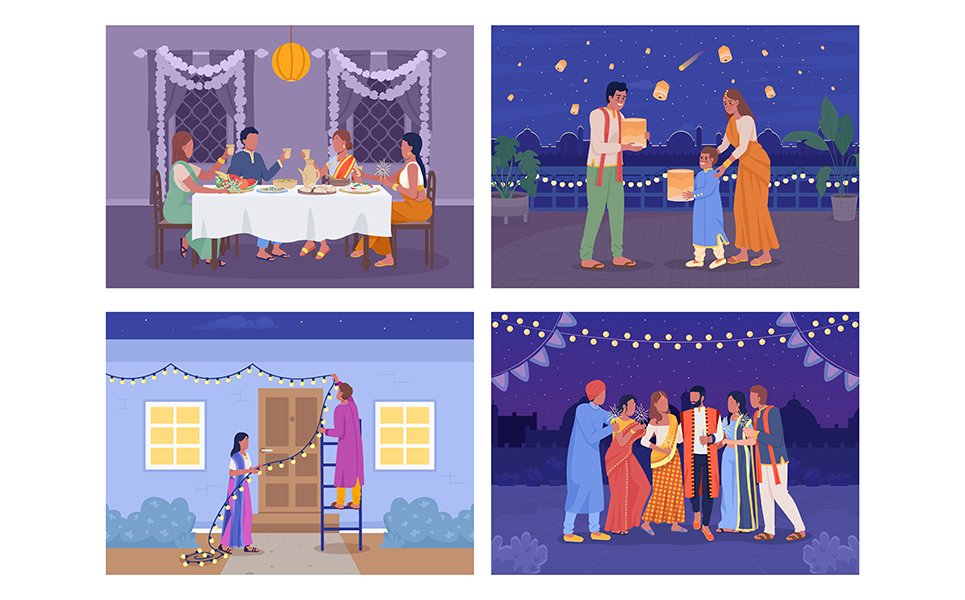 Diwali celebration flat color vector illustrations set