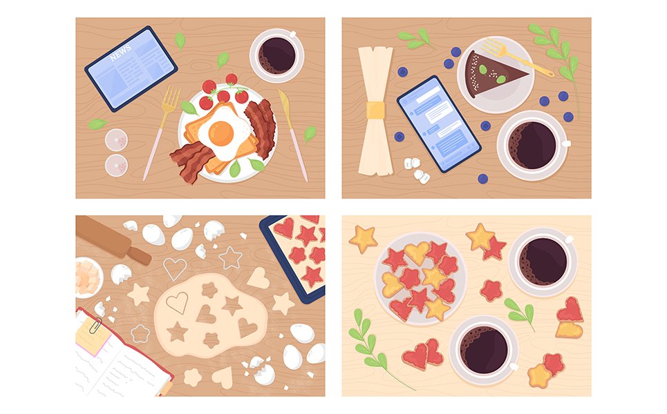 Eating and cooking flat color vector illustration set