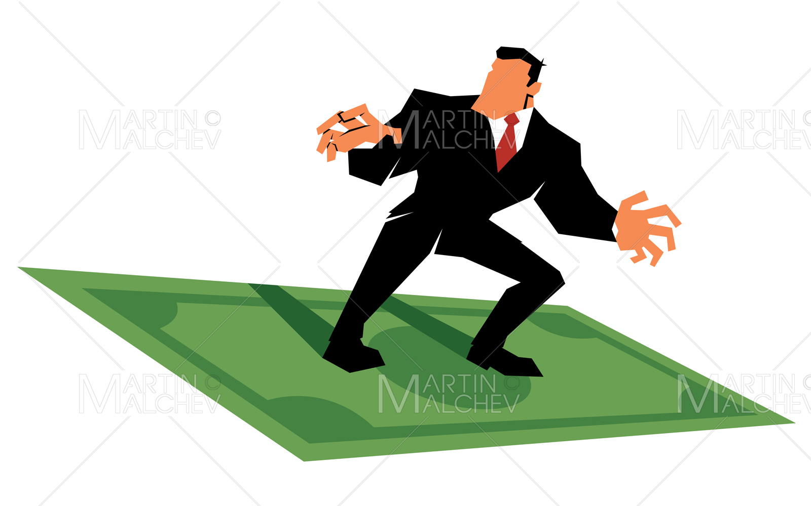 Businessman Riding Dollar Bill on White Vector Illustration